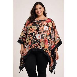Lane Bryant NWOT Black Floral Cinched Pullover Sheer Boatneck Poncho Blouse